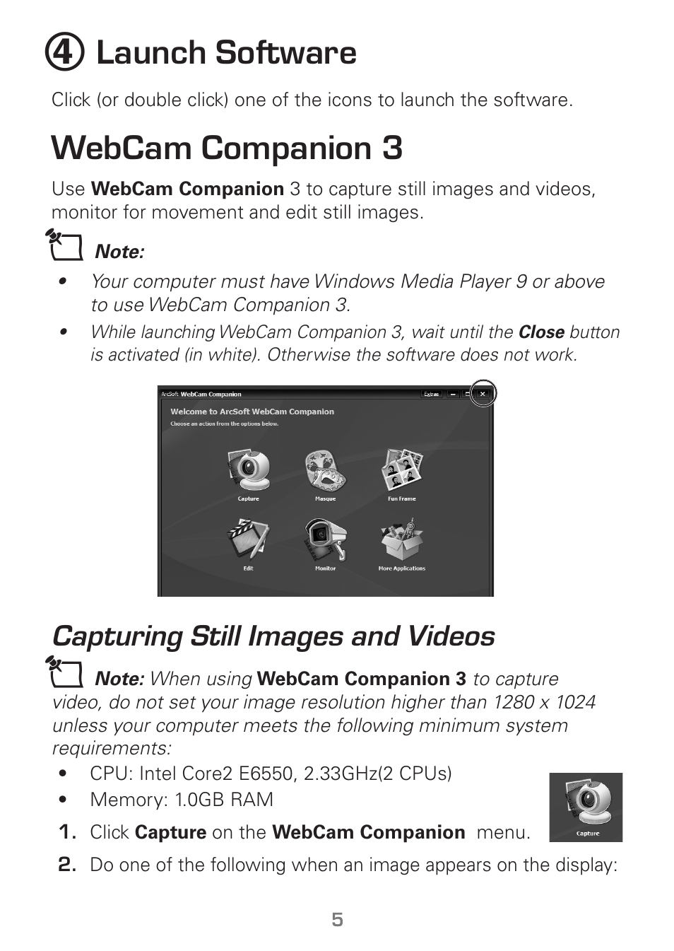 Launch software, Webcam companion 3, Capturing still images and videos | Radio Shack Gigaware 25-1178 User Manual | Page 5 / 12