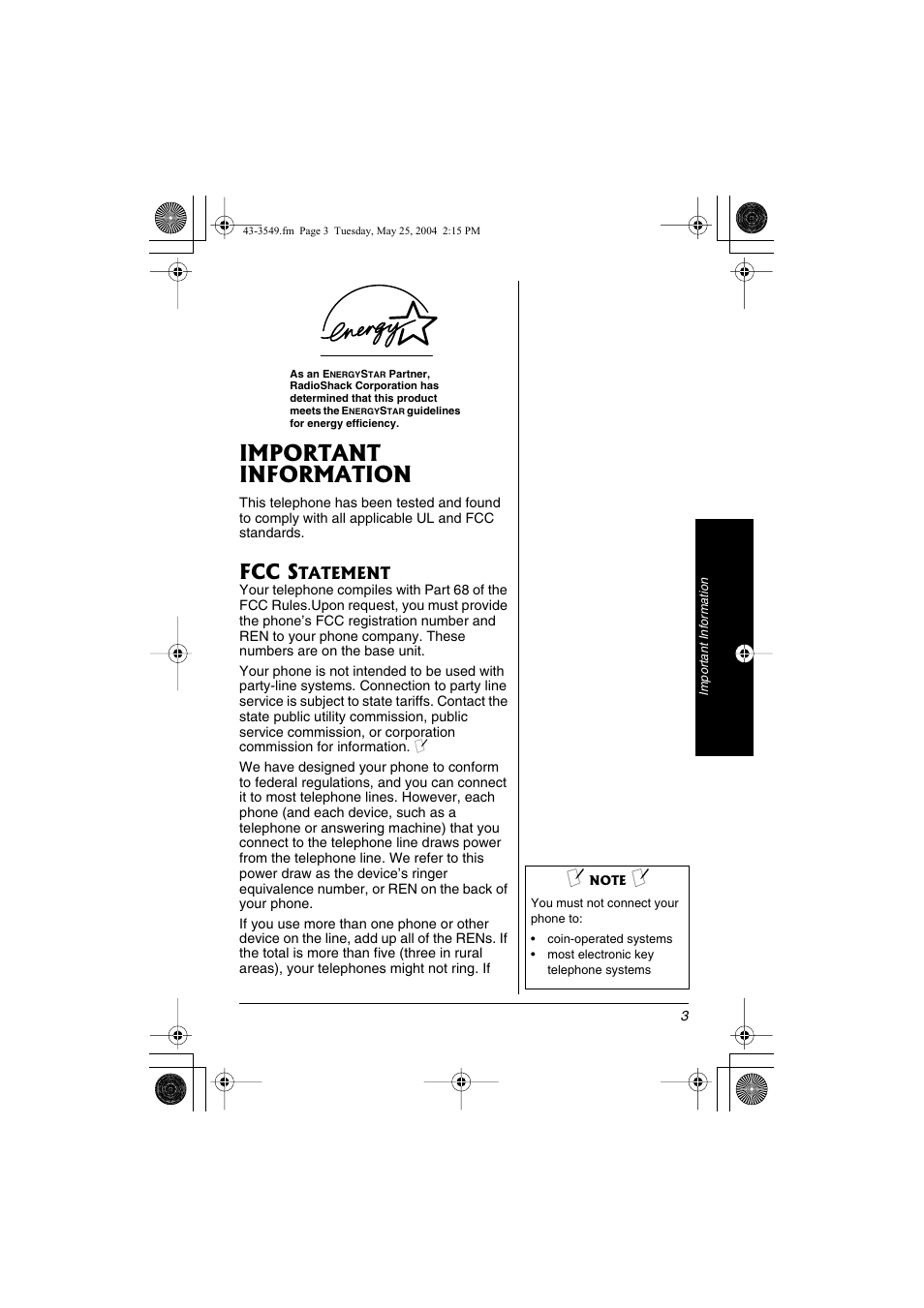 Important information, Fcc s | Radio Shack 43-3549 User Manual | Page 3 / 36