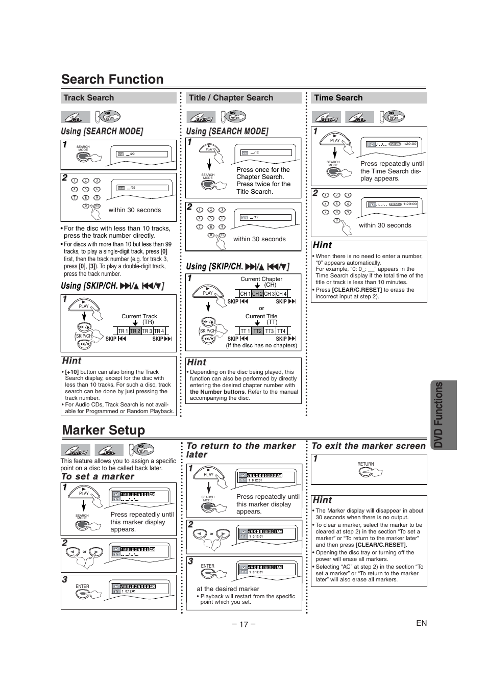 Search function, Marker setup, Dvd functions | Using [search, Using [search mode] mode, Using [skip/ch, Hint | Radio Shack DVD / VCR User Manual | Page 17 / 28