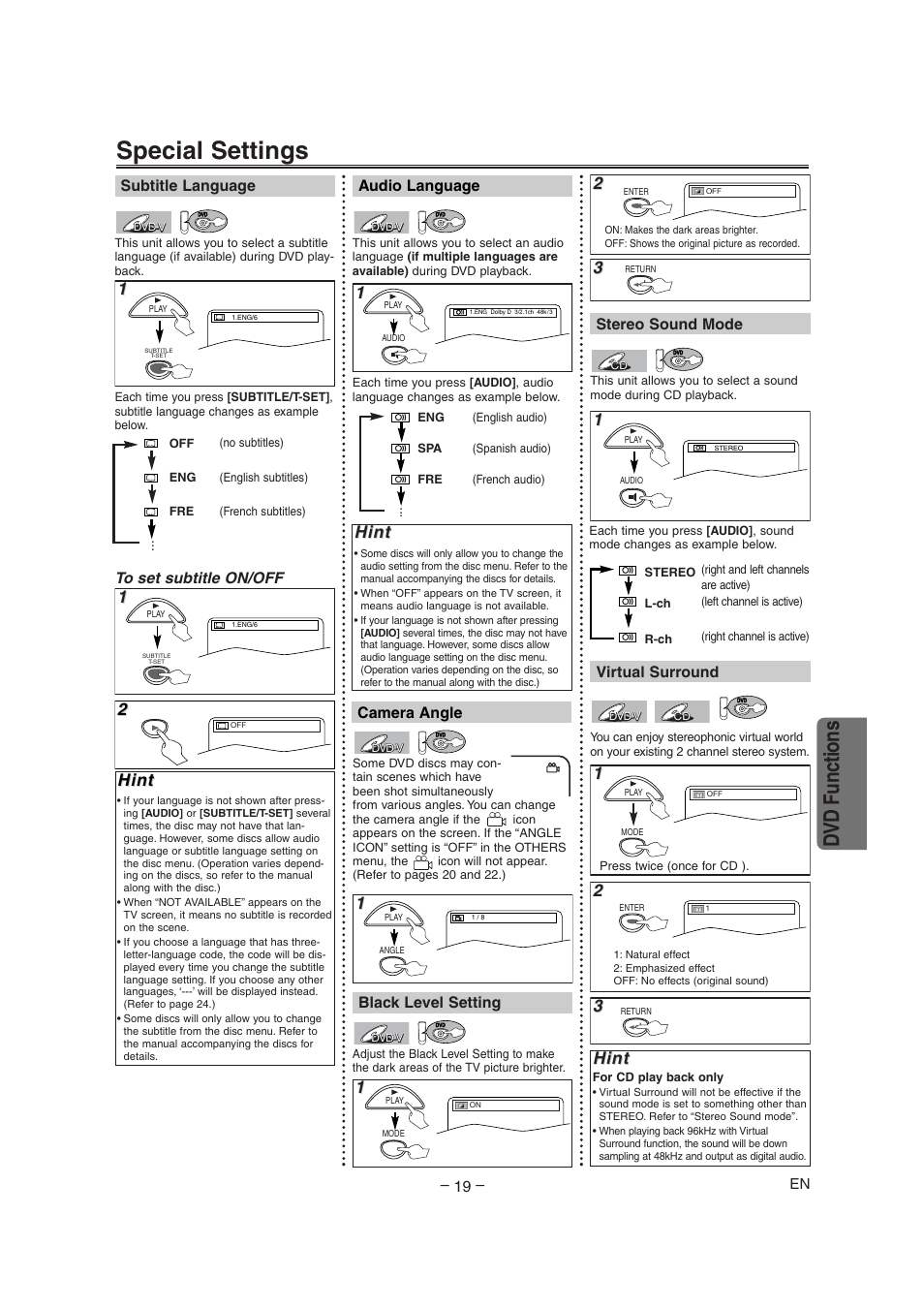 Special settings, Dvd functions, Hint | Audio language, Stereo sound mode camera angle, Subtitle language, Black level setting, Virtual surround | Radio Shack DVD / VCR User Manual | Page 19 / 28