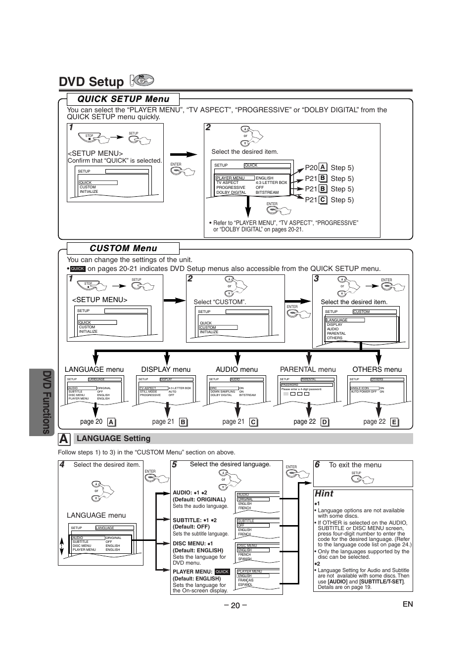 Dvd setup, Dvd functions, Hint | Quick setup men uick setup men u u, Cust, Cust om men om men u u, Language setting | Radio Shack DVD / VCR User Manual | Page 20 / 28