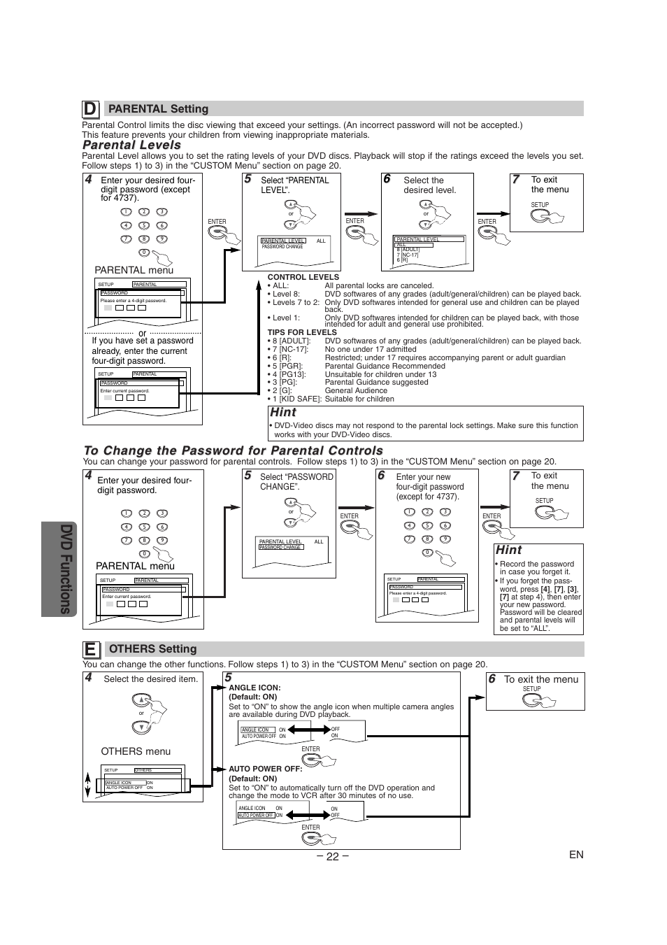 Dvd functions, Parental arental le le vels vels, Hint | Parental setting, Others setting | Radio Shack DVD / VCR User Manual | Page 22 / 28