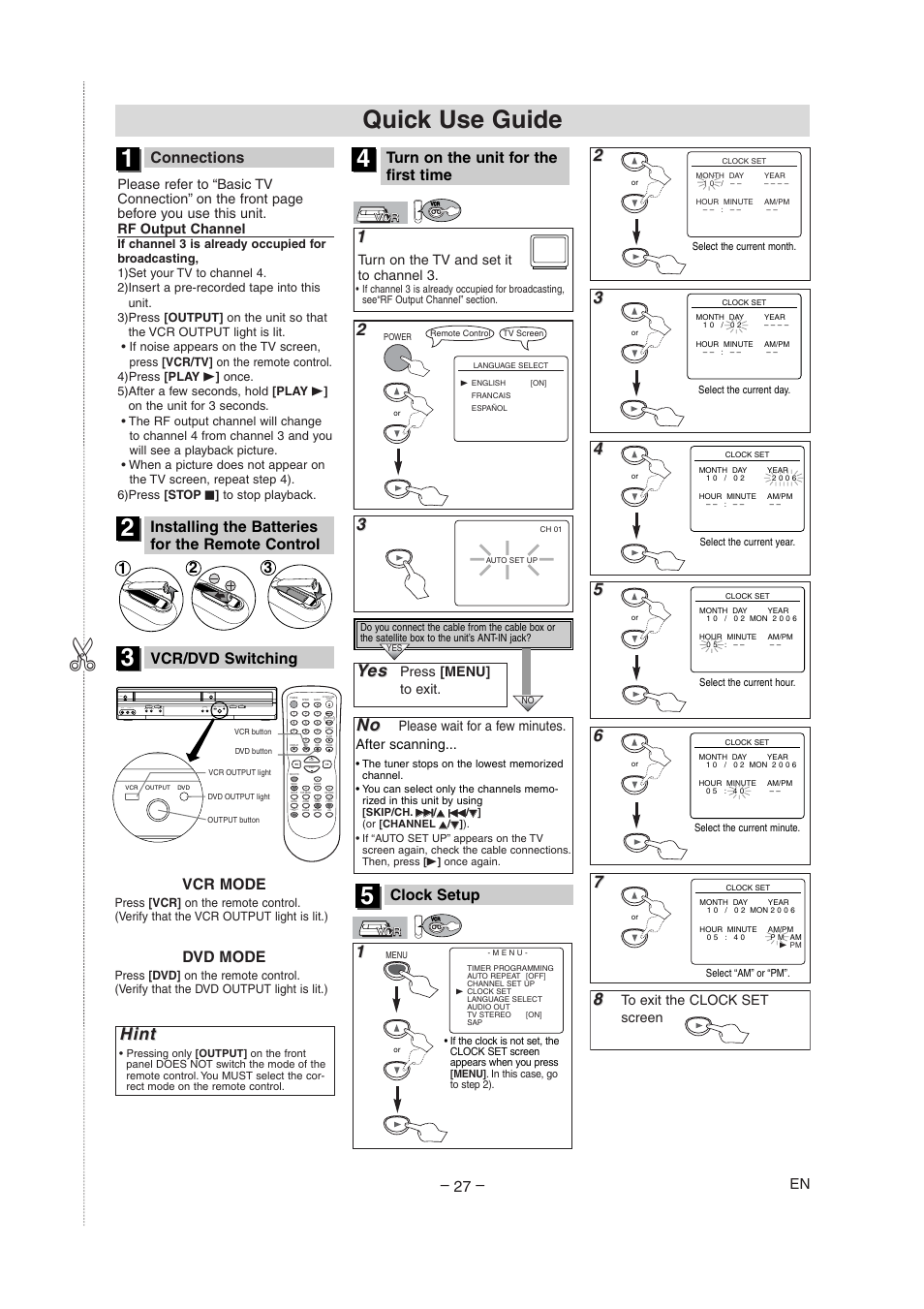 Quick use guide, Yes es, Hint | Connections, Clock setup, Vcr/dvd switching, Installing the batteries for the remote control, Turn on the unit for the first time, Vcr mode, Dvd mode | Radio Shack DVD / VCR User Manual | Page 27 / 28