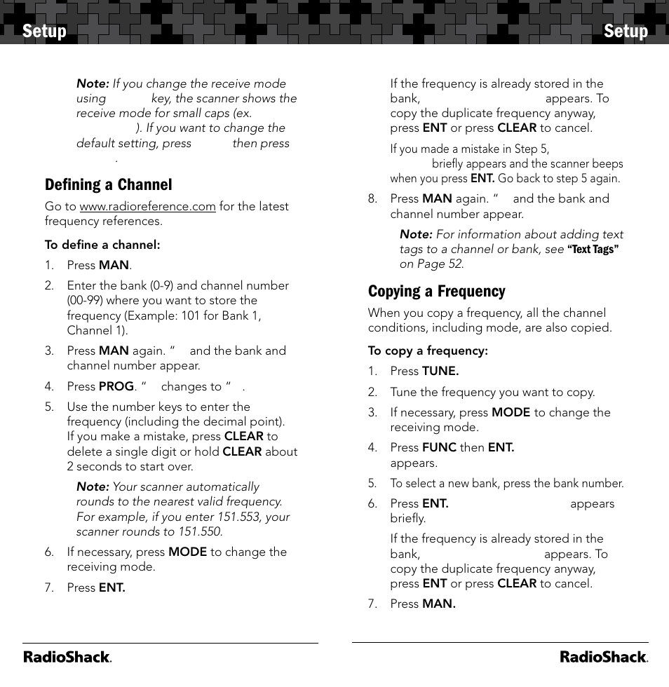 Setup, Deﬁning a channel, Copying a frequency | Radio Shack 20-164 User Manual | Page 10 / 41