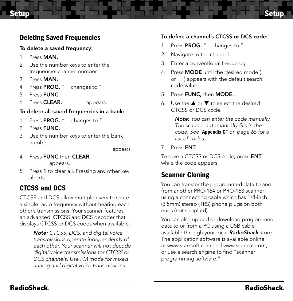 Setup, Deleting saved frequencies, Ctcss and dcs | Scanner cloning | Radio Shack 20-164 User Manual | Page 11 / 41