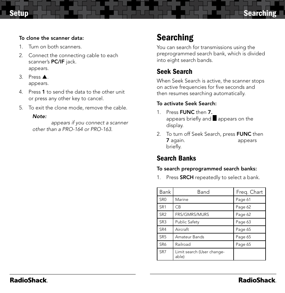 Setup, Searching, Seek search | Search banks | Radio Shack 20-164 User Manual | Page 12 / 41