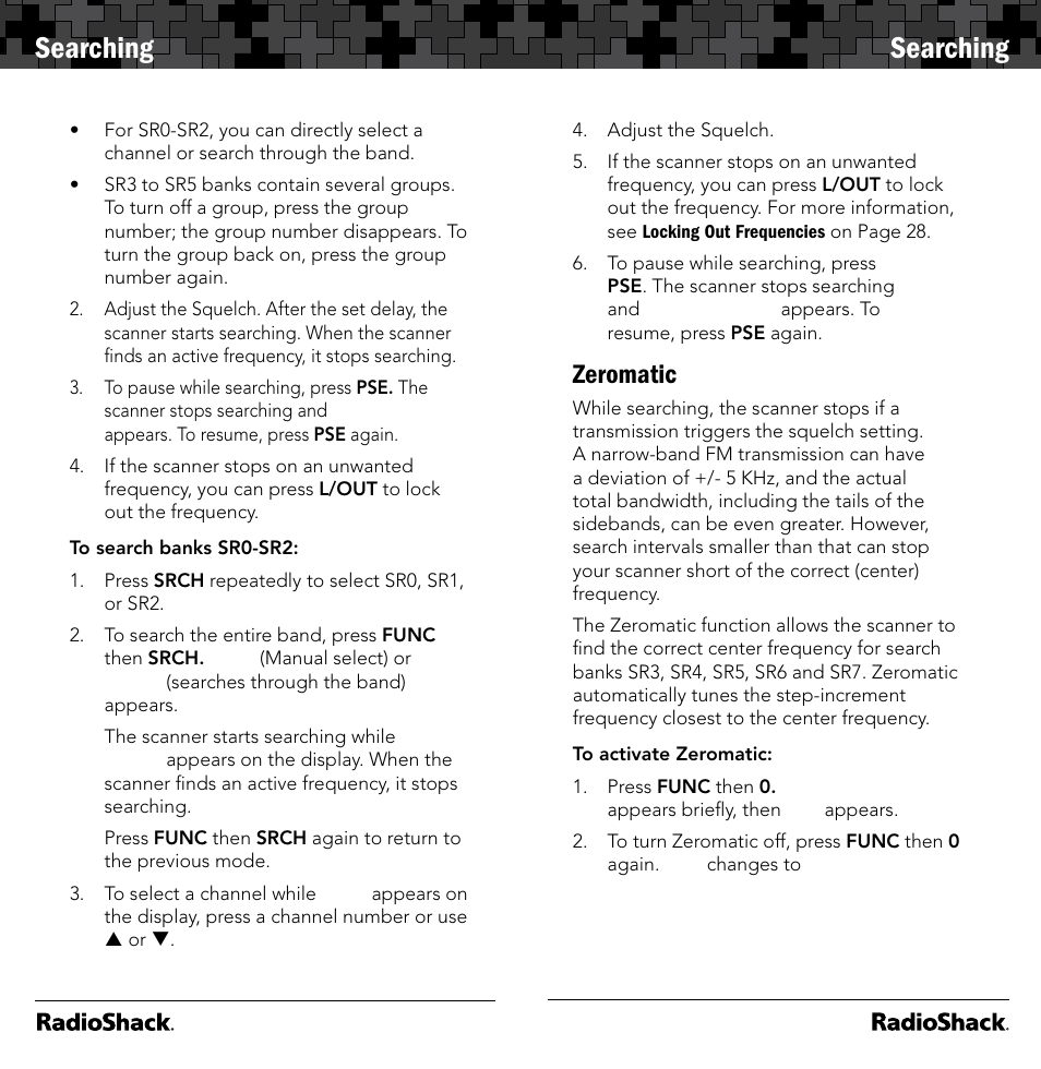 Searching, Zeromatic | Radio Shack 20-164 User Manual | Page 13 / 41