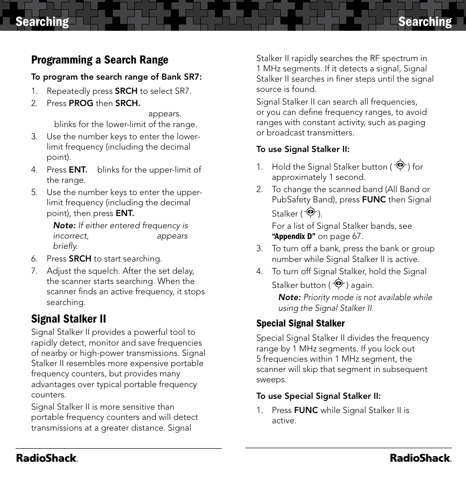 Searching, Programming a search range, Signal stalker ii | Special signal stalker | Radio Shack 20-164 User Manual | Page 14 / 41