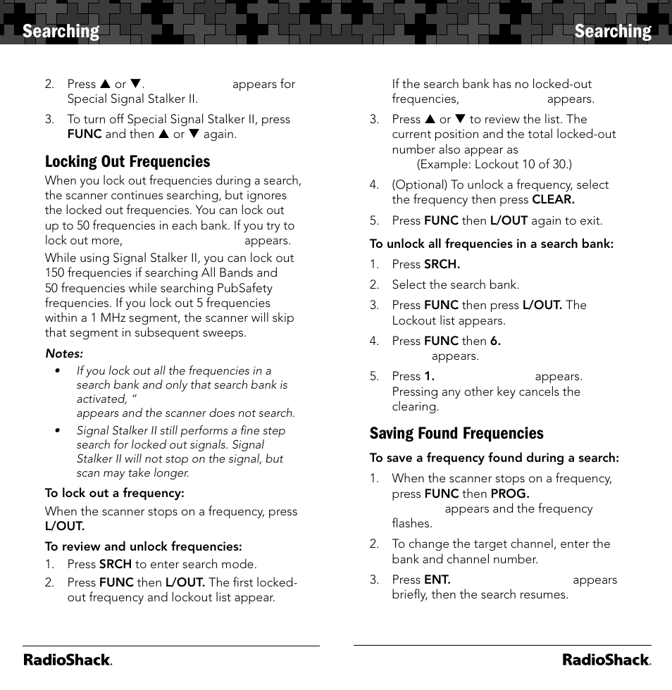 Searching, Locking out frequencies, Saving found frequencies | Radio Shack 20-164 User Manual | Page 15 / 41