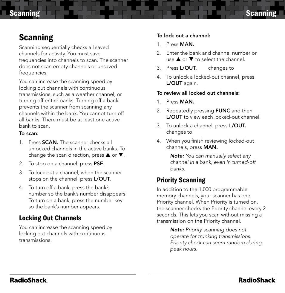 Scanning, Locking out channels, Priority scanning | Radio Shack 20-164 User Manual | Page 16 / 41