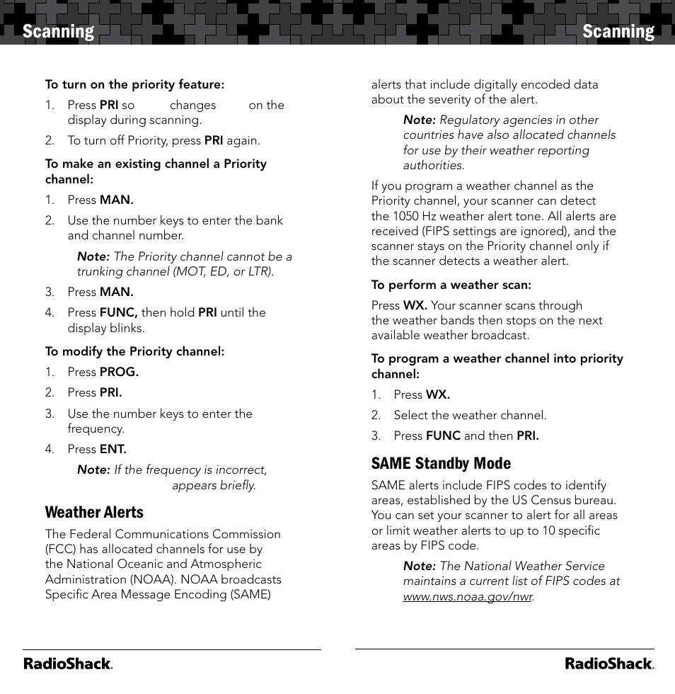 Scanning, Weather alerts, Same standby mode | Radio Shack 20-164 User Manual | Page 17 / 41