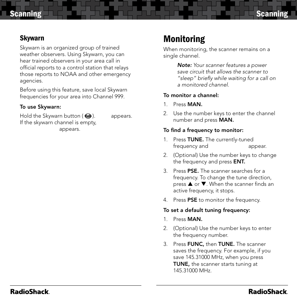 Monitoring, Scanning, Skywarn | Radio Shack 20-164 User Manual | Page 19 / 41