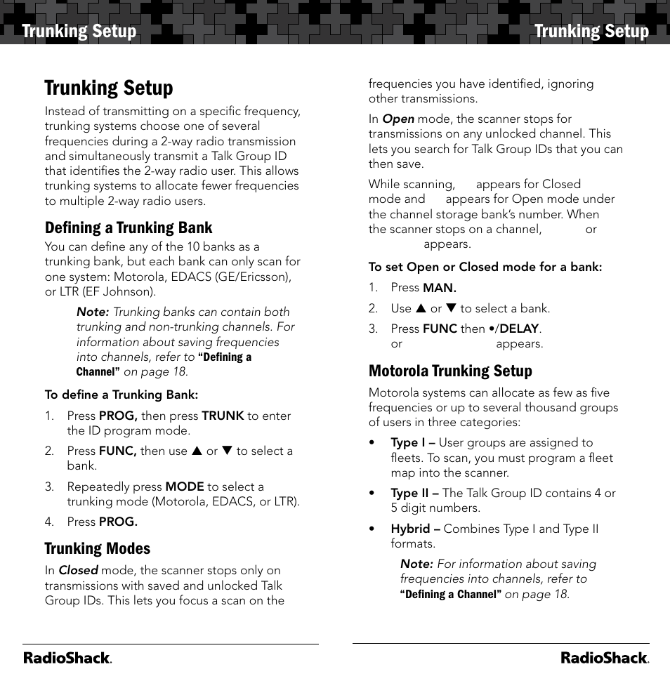 Trunking setup, Deﬁning a trunking bank, Trunking modes | Motorola trunking setup | Radio Shack 20-164 User Manual | Page 20 / 41