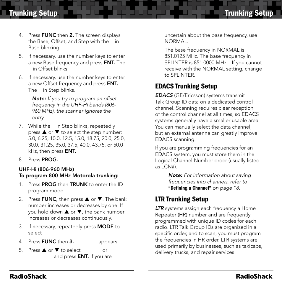 Trunking setup, Edacs trunking setup, Ltr trunking setup | Radio Shack 20-164 User Manual | Page 22 / 41