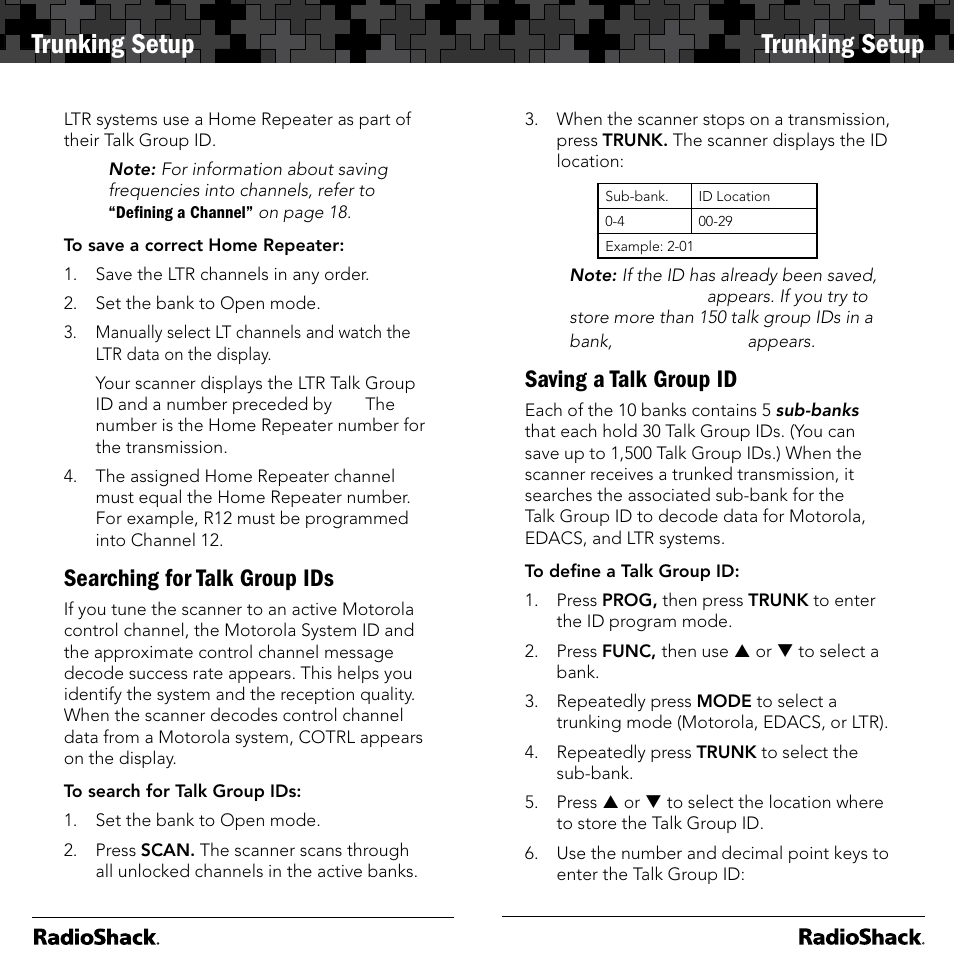 Trunking setup, Searching for talk group ids, Saving a talk group id | Radio Shack 20-164 User Manual | Page 23 / 41