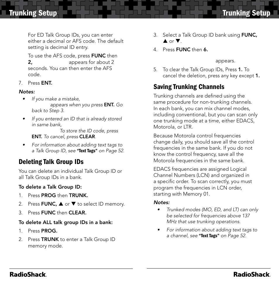 Trunking setup, Deleting talk group ids, Saving trunking channels | Radio Shack 20-164 User Manual | Page 24 / 41