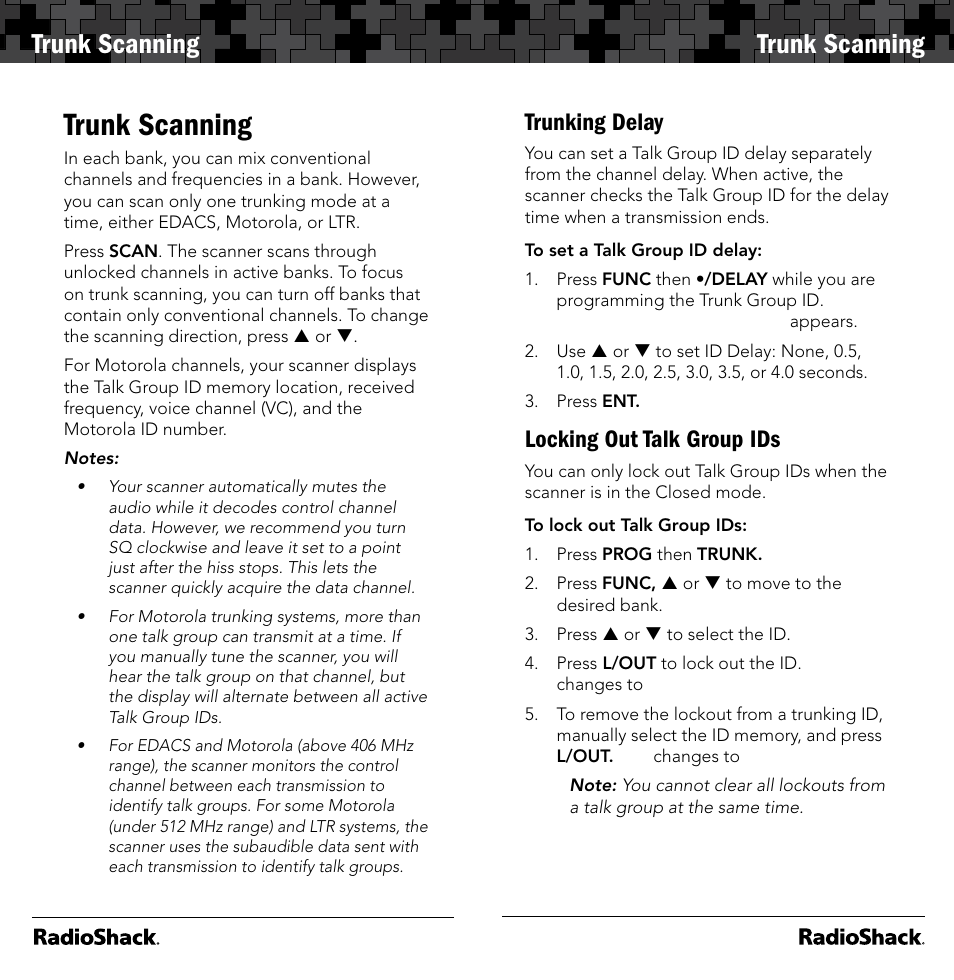 Trunk scanning, Trunking delay, Locking out talk group ids | Radio Shack 20-164 User Manual | Page 25 / 41