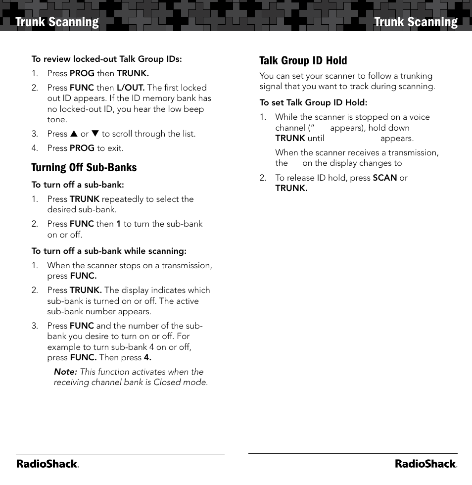 Trunk scanning, Turning off sub-banks, Talk group id hold | Radio Shack 20-164 User Manual | Page 26 / 41