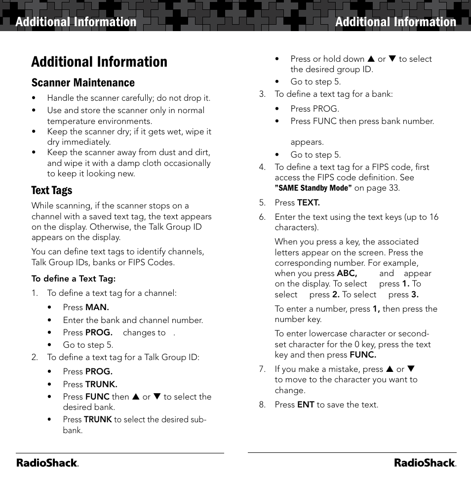 Additional information, Scanner maintenance, Text tags | Radio Shack 20-164 User Manual | Page 27 / 41