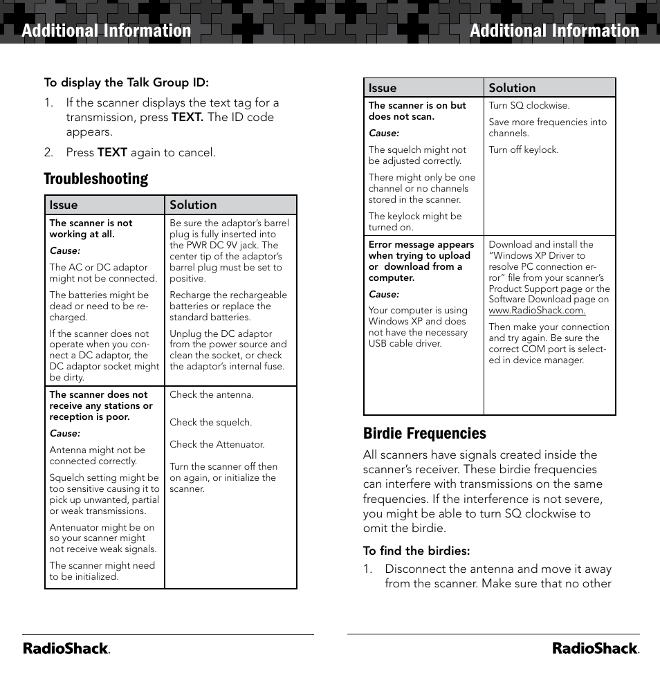 Additional information, Troubleshooting, Birdie frequencies | Radio Shack 20-164 User Manual | Page 28 / 41
