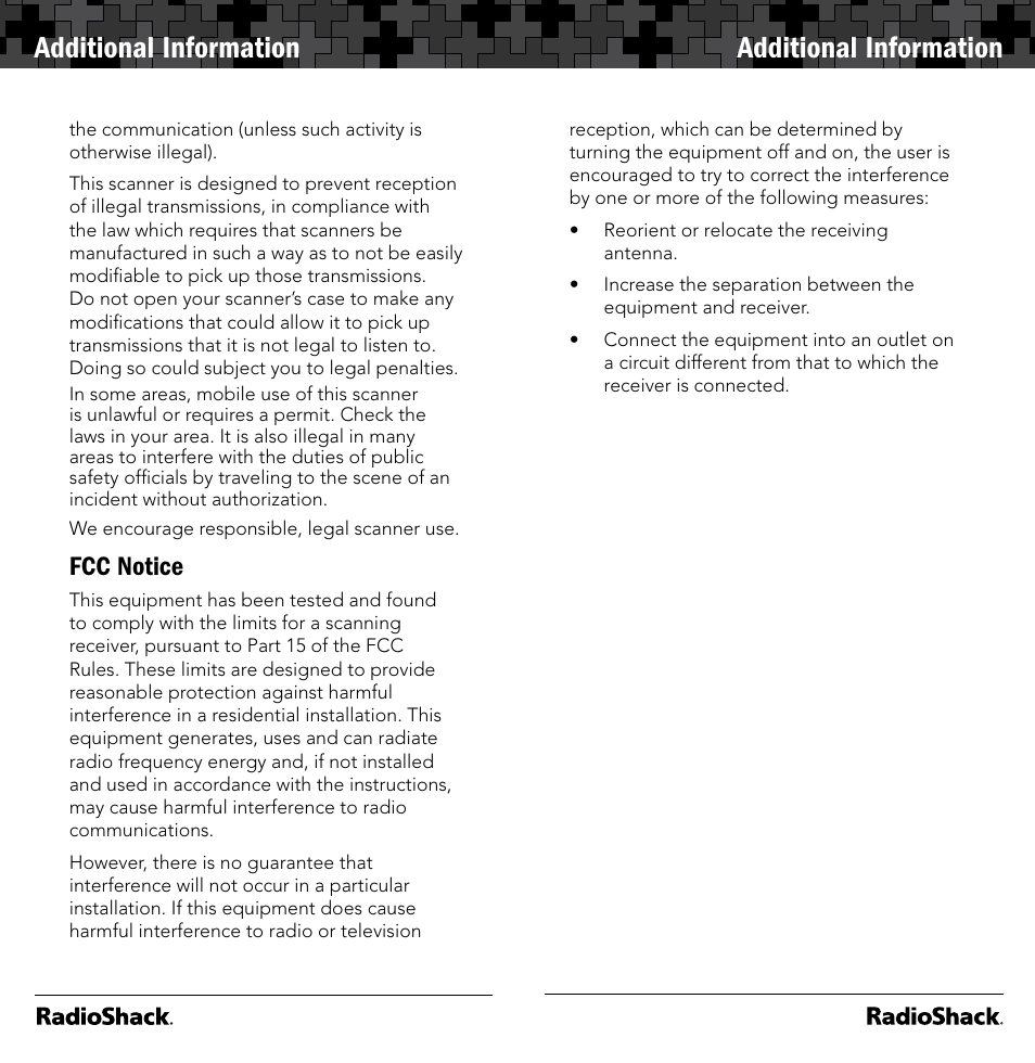 Additional information, Fcc notice | Radio Shack 20-164 User Manual | Page 30 / 41