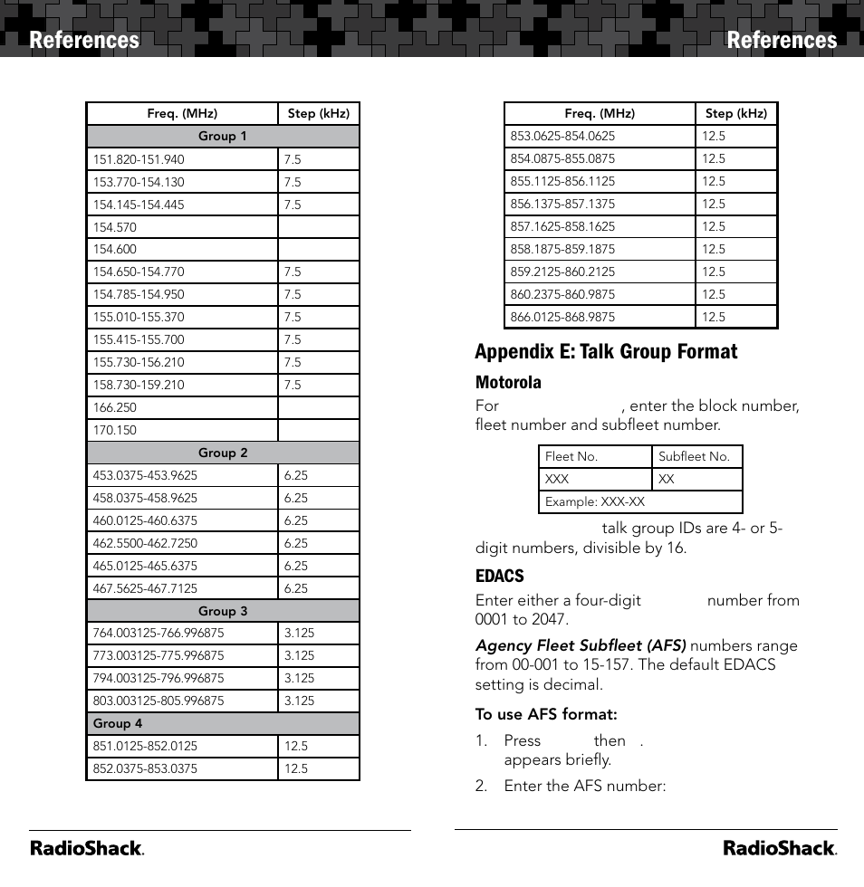 References, Appendix e: talk group format, Motorola | Edacs | Radio Shack 20-164 User Manual | Page 35 / 41