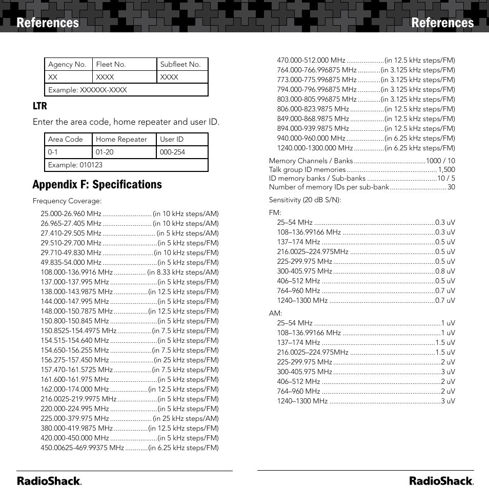 References, Appendix f: speciﬁcations | Radio Shack 20-164 User Manual | Page 36 / 41