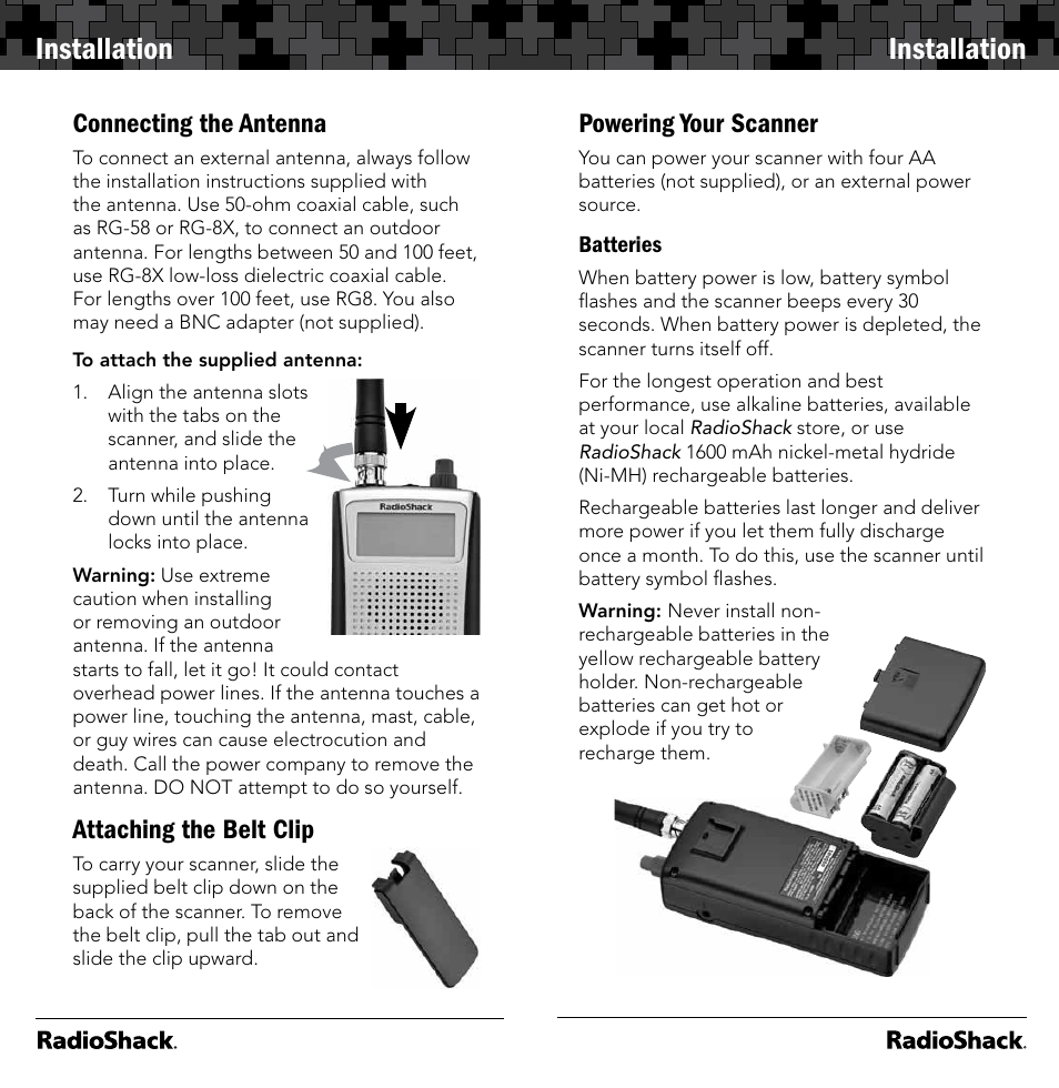 Installation, Connecting the antenna, Attaching the belt clip | Powering your scanner | Radio Shack 20-164 User Manual | Page 5 / 41