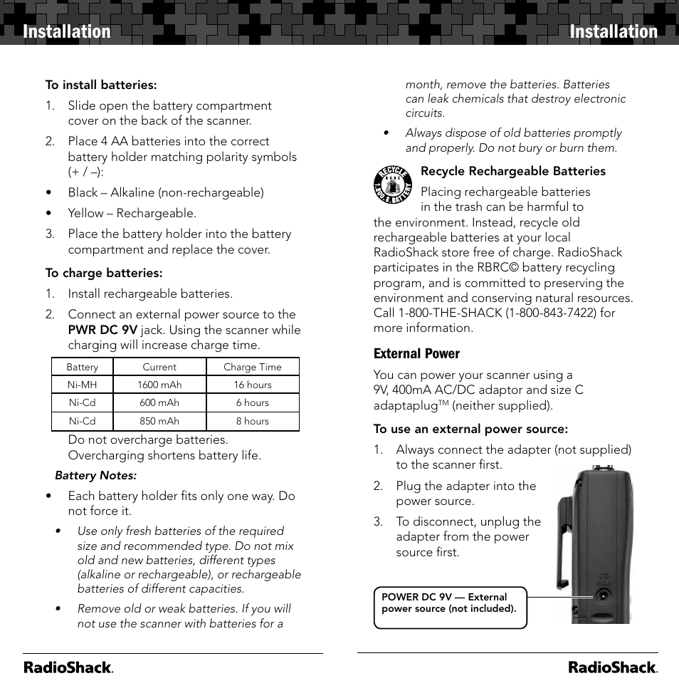 Installation, External power | Radio Shack 20-164 User Manual | Page 6 / 41