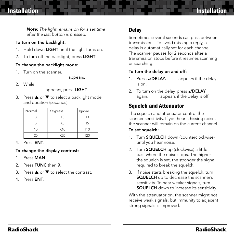 Installation, Delay, Squelch and attenuator | Radio Shack 20-164 User Manual | Page 8 / 41