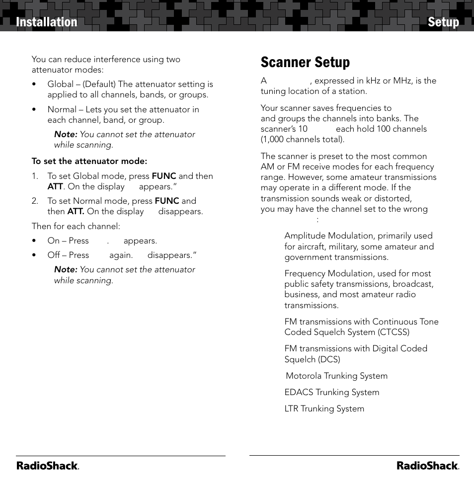 Scanner setup, Installation, Setup | Radio Shack 20-164 User Manual | Page 9 / 41