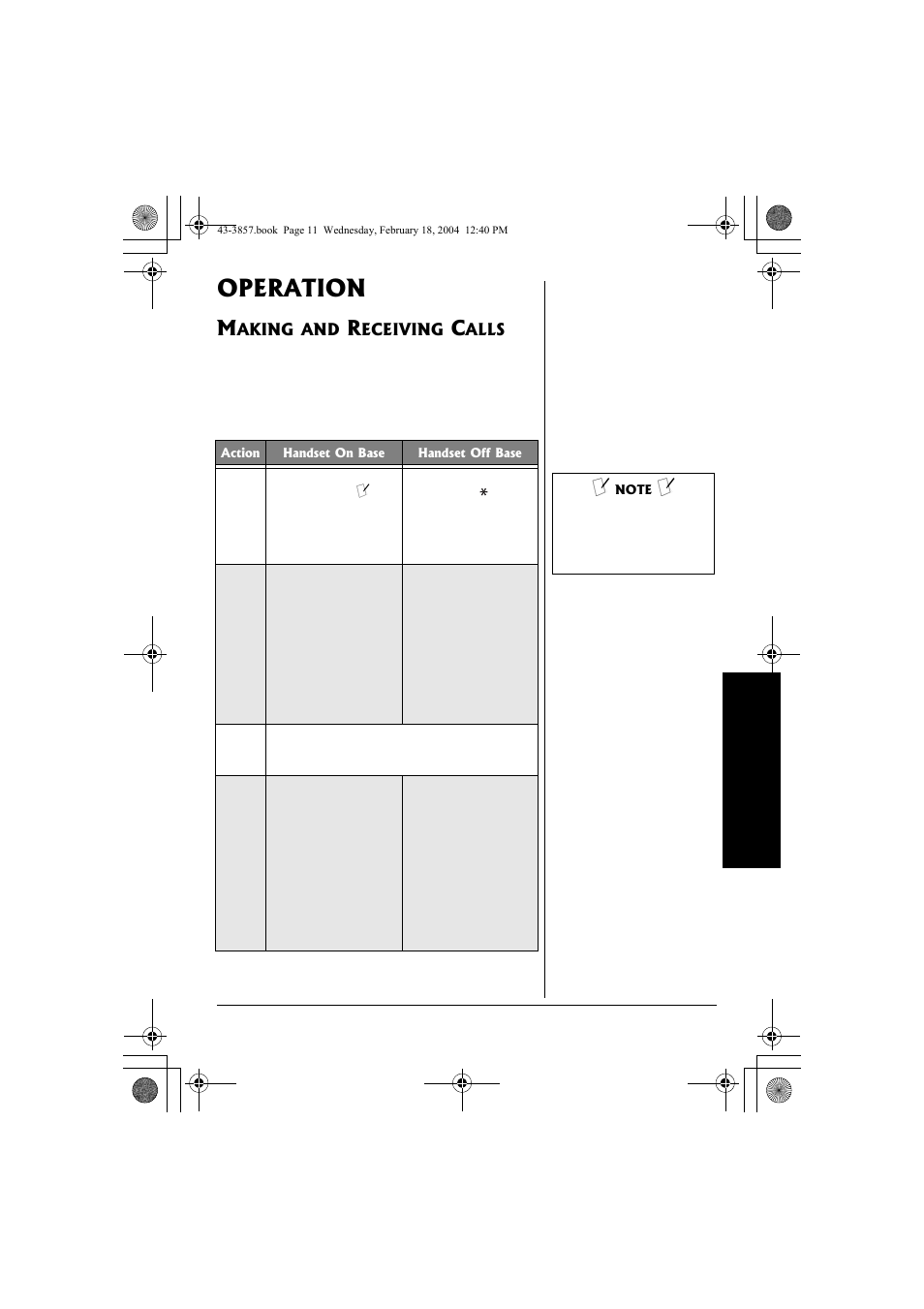 Operation, Making and receiving calls | Radio Shack 43-3857 User Manual | Page 11 / 44