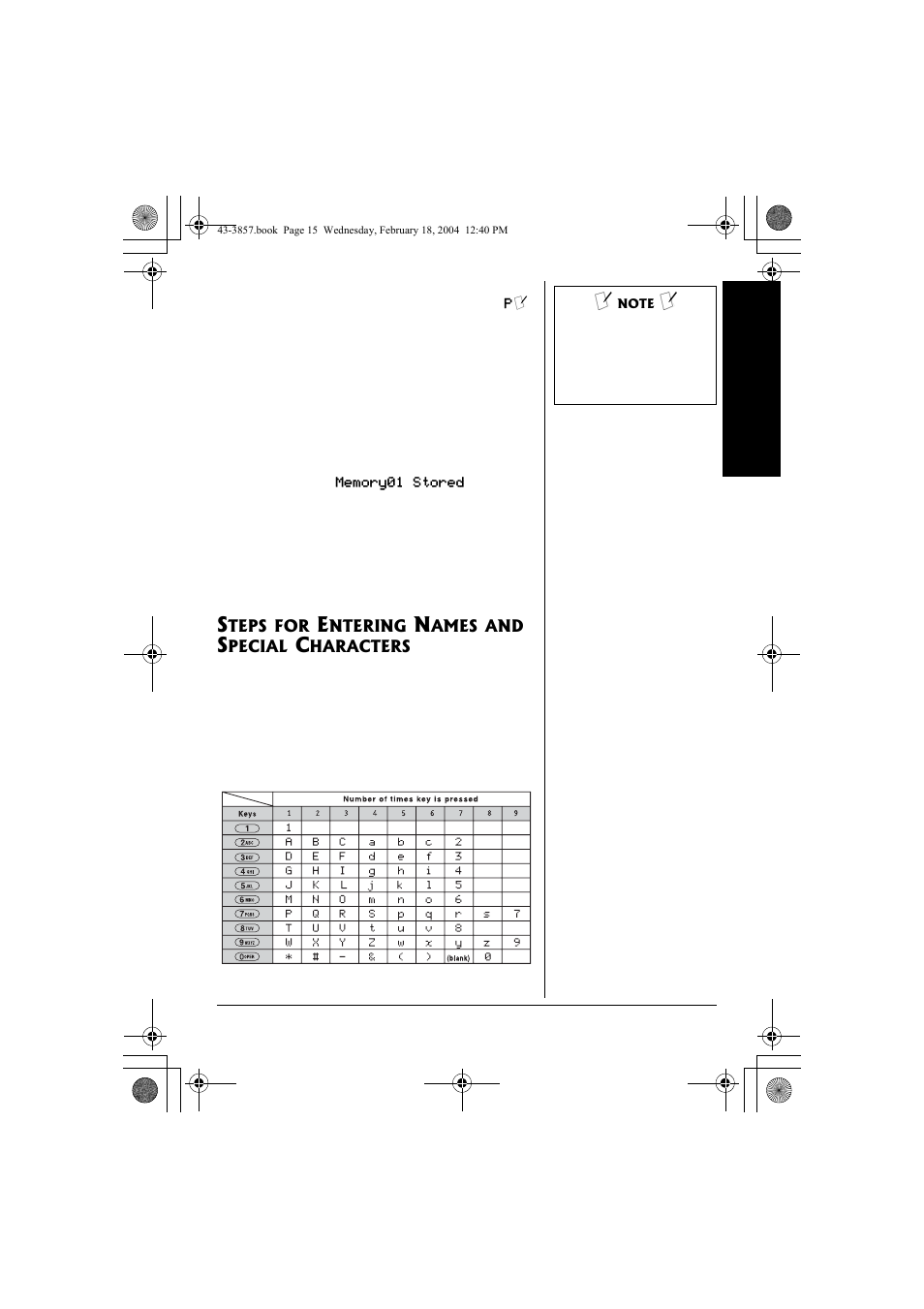 Steps for entering names and special, Characters | Radio Shack 43-3857 User Manual | Page 15 / 44