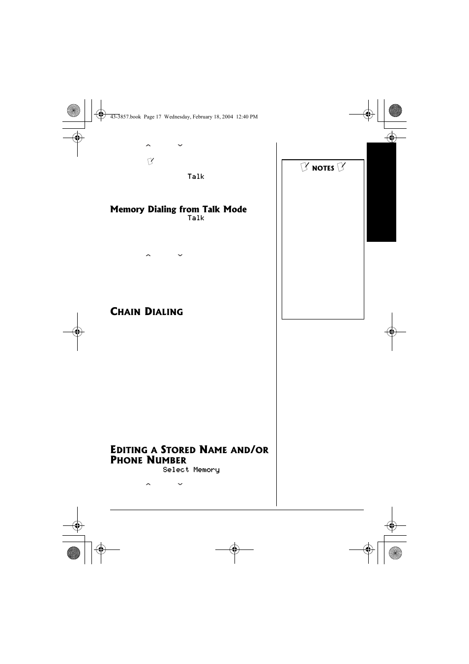 Memory dialing from talk mode, Chain dialing editing a stored name and/or phone, Number | Radio Shack 43-3857 User Manual | Page 17 / 44