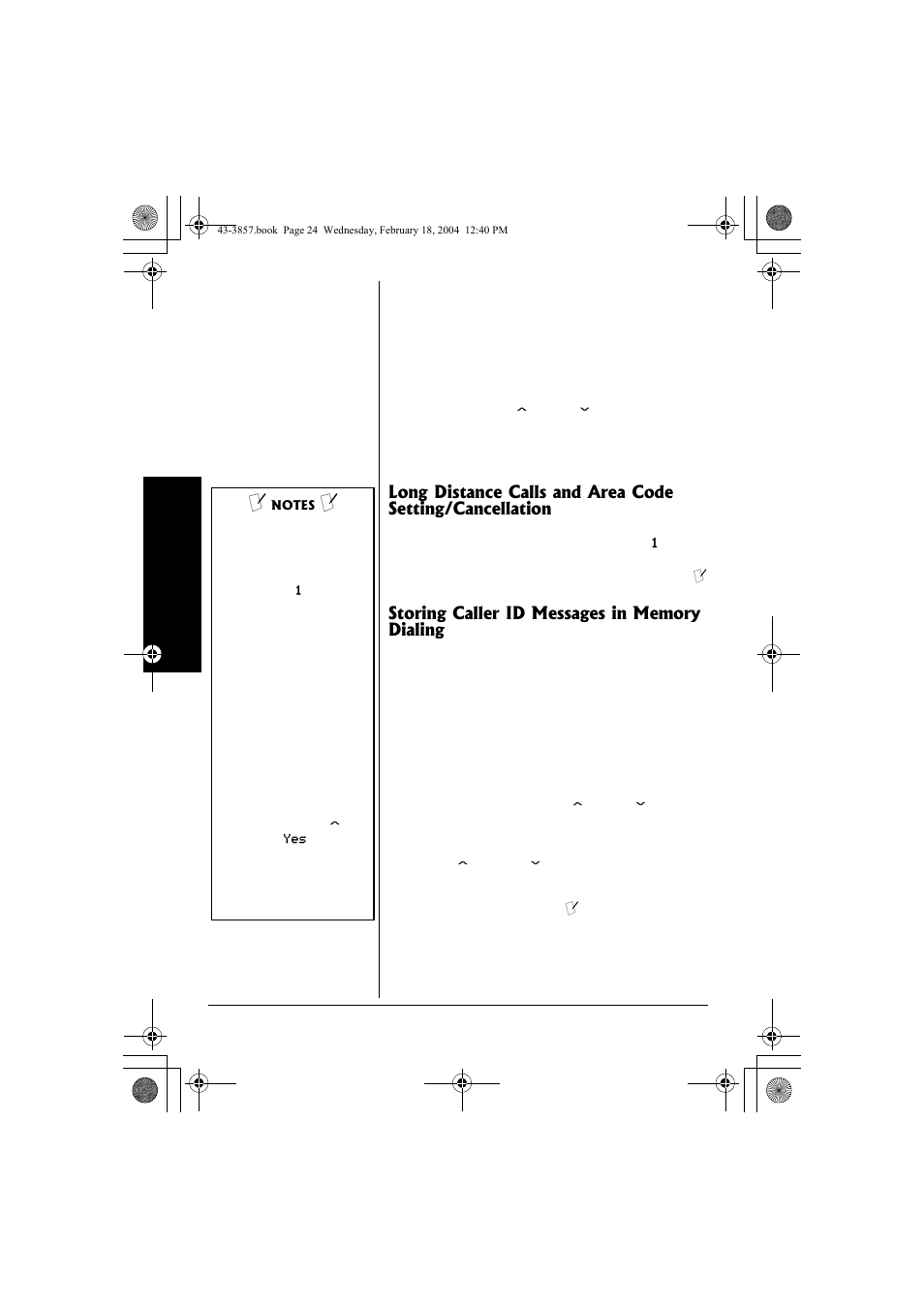 Long distance calls and area code, Setting/cancellation, Storing caller id messages in memory | Dialing | Radio Shack 43-3857 User Manual | Page 24 / 44
