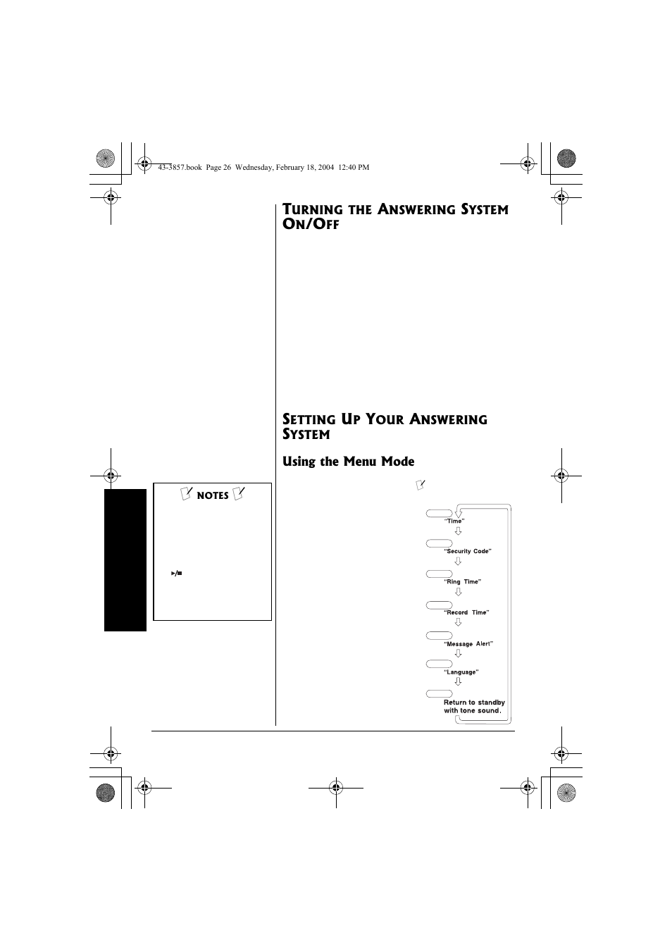 Turning the answering system, On/off, Setting up your answering system | Using the menu mode | Radio Shack 43-3857 User Manual | Page 26 / 44