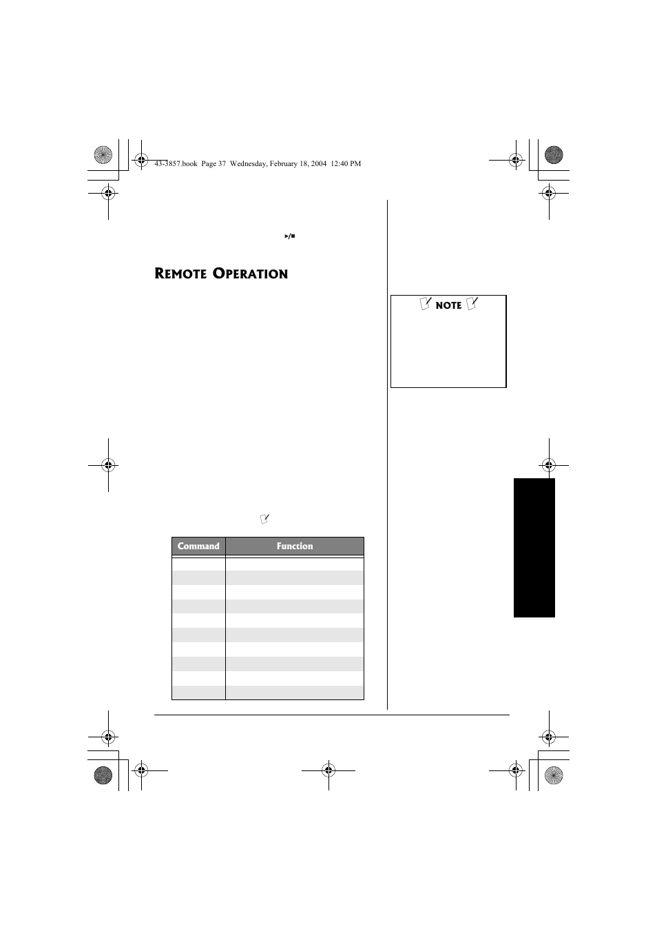 Remote operation | Radio Shack 43-3857 User Manual | Page 37 / 44