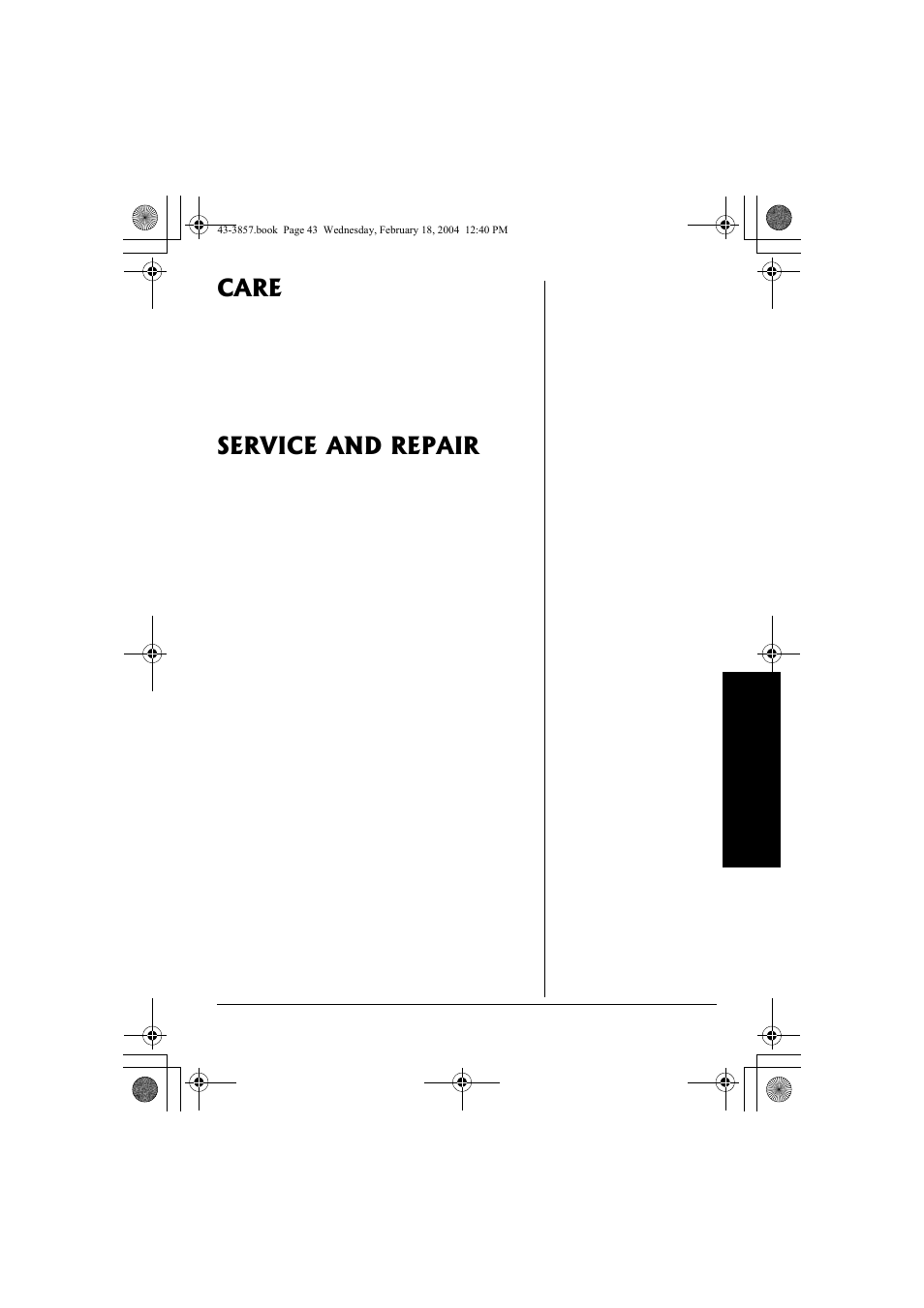 Care service and repair, Care, Service and repair | Radio Shack 43-3857 User Manual | Page 43 / 44
