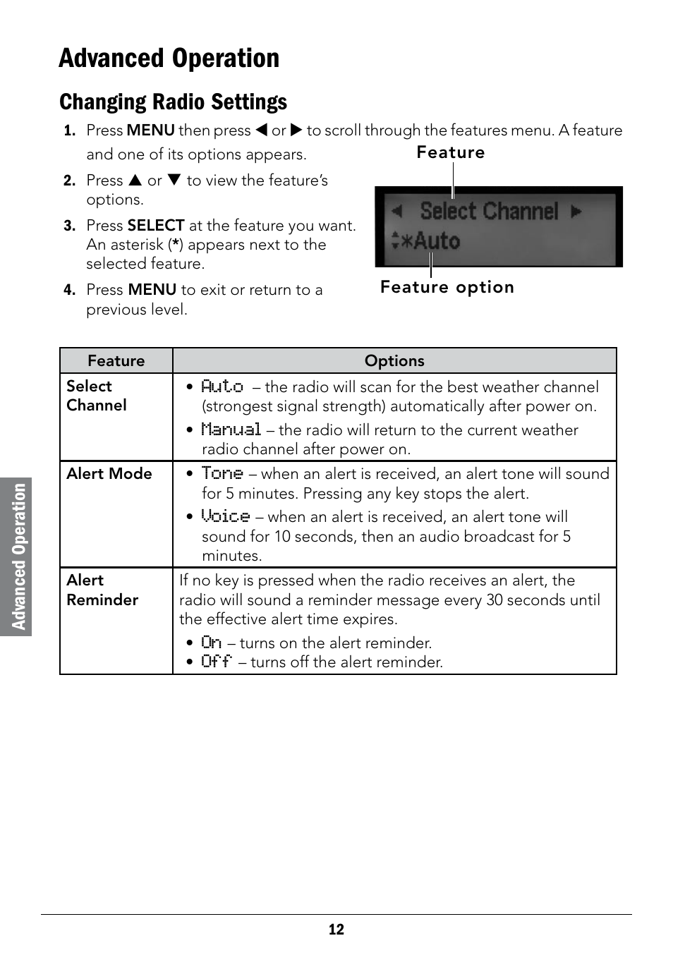 Advanced operation, Changing radio settings, Adv anced oper ation | Radio Shack 12-519 User Manual | Page 12 / 24
