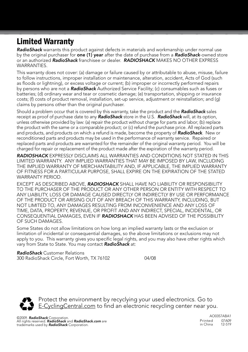 Limited warranty | Radio Shack 12-519 User Manual | Page 24 / 24
