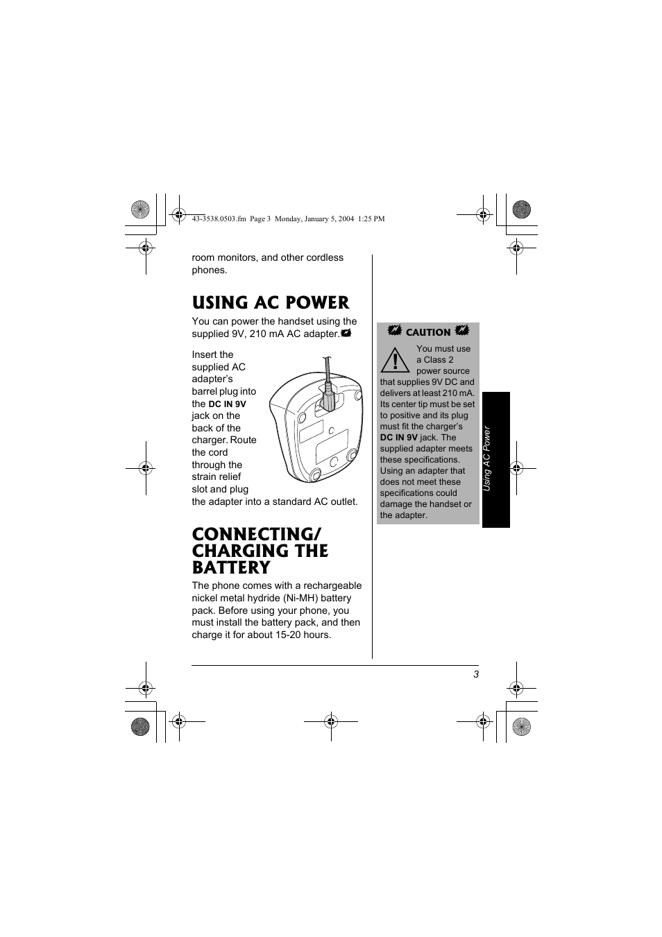 Using ac power, Connecting/ charging the battery | Radio Shack 43-3571 User Manual | Page 3 / 8