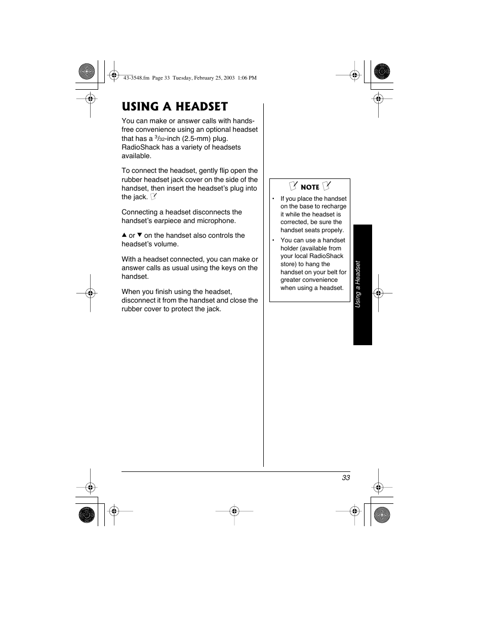 Using a headset | Radio Shack 43-3548 User Manual | Page 33 / 36