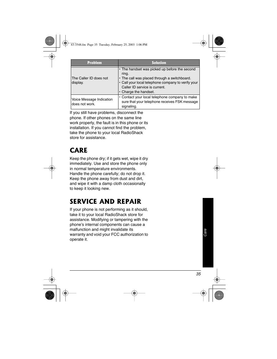 Care, Service and repair | Radio Shack 43-3548 User Manual | Page 35 / 36