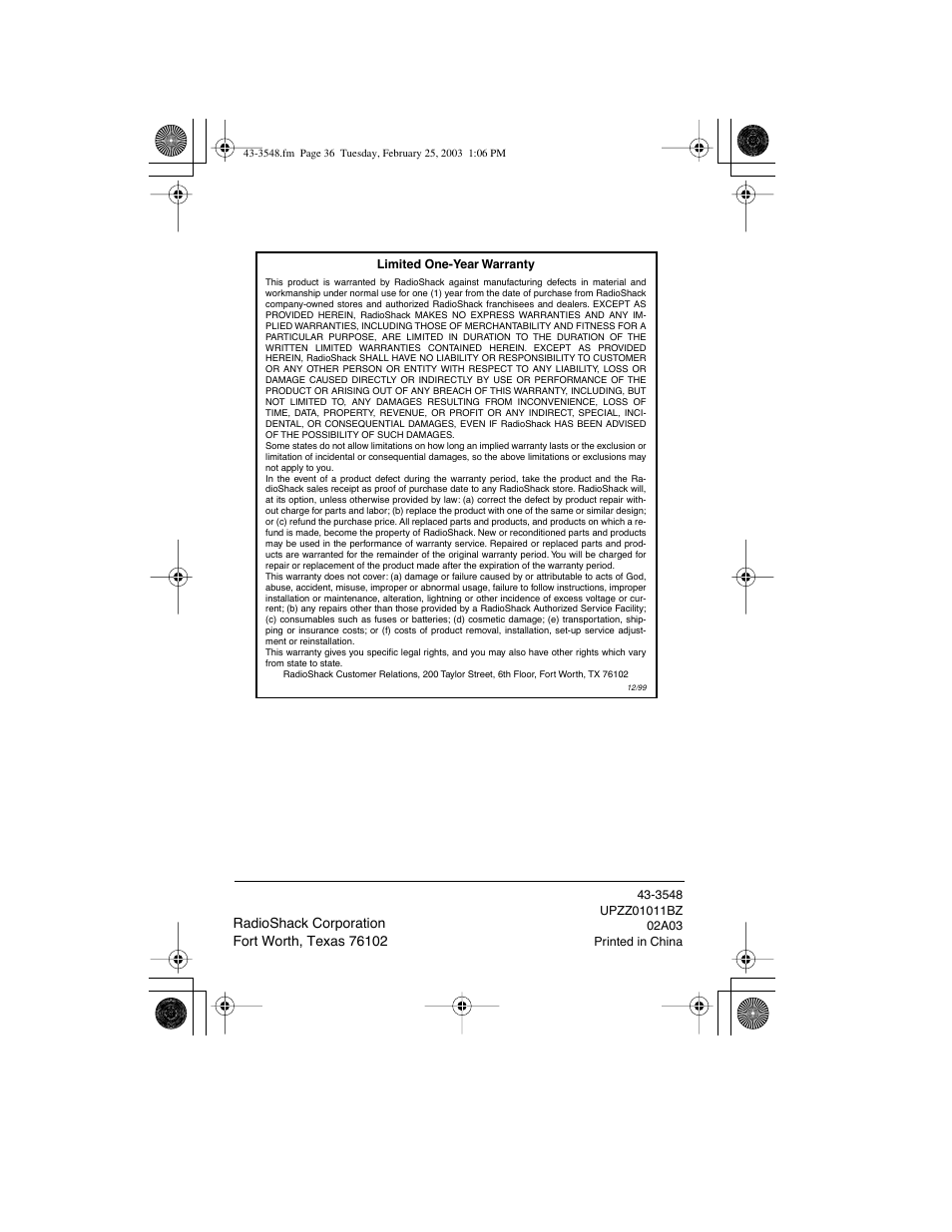Radio Shack 43-3548 User Manual | Page 36 / 36