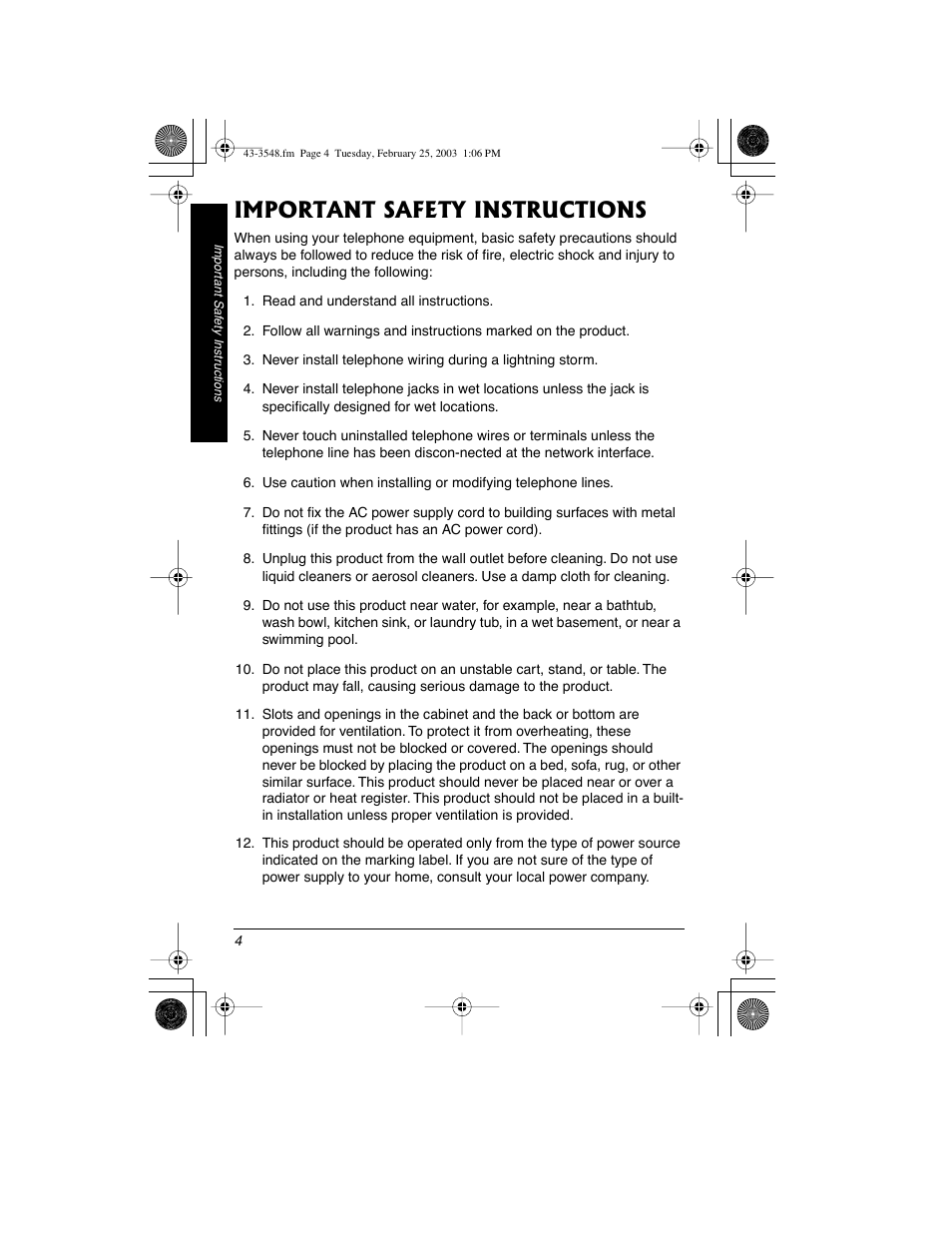 Important safety instructions | Radio Shack 43-3548 User Manual | Page 4 / 36
