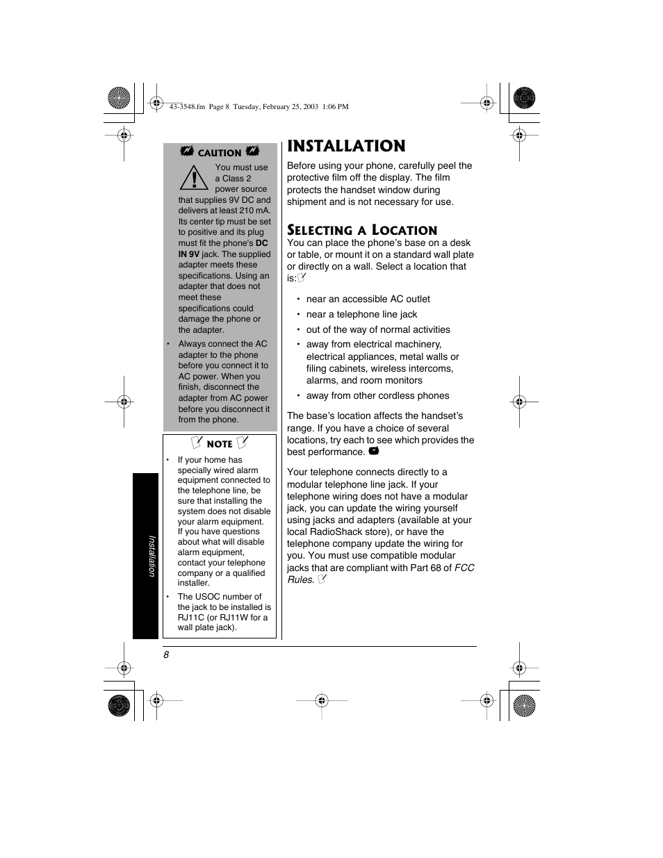 Installation | Radio Shack 43-3548 User Manual | Page 8 / 36