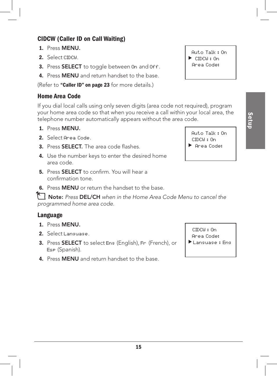Se tu p cidcw (caller id on call waiting), Home area code, Language | Radio Shack 43-3577 User Manual | Page 15 / 36