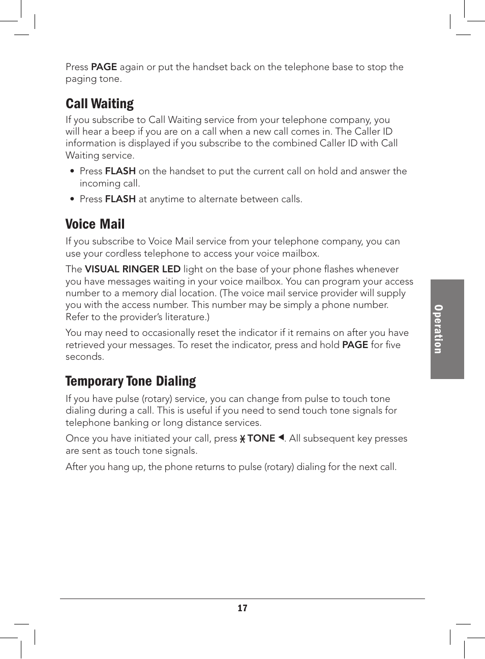 Call waiting, Voice mail, Temporary tone dialing | Radio Shack 43-3577 User Manual | Page 17 / 36