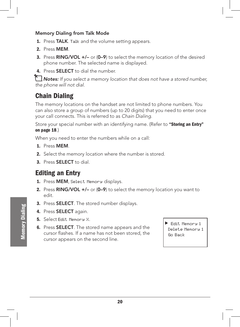 Chain dialing, Editing an entry | Radio Shack 43-3577 User Manual | Page 20 / 36