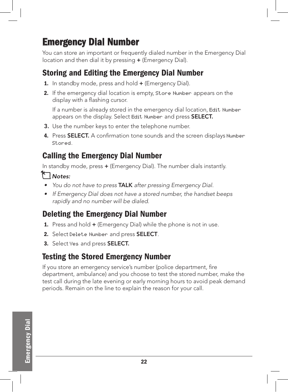 Emergency dial number, Storing and editing the emergency dial number, Calling the emergency dial number | Deleting the emergency dial number, Testing the stored emergency number | Radio Shack 43-3577 User Manual | Page 22 / 36